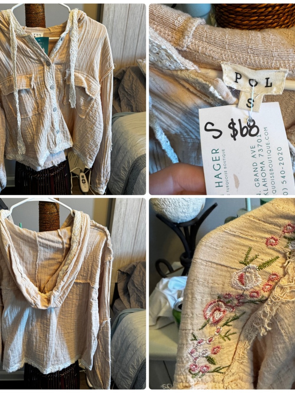 POL Embroidered Hooded Button Shirt Jacket - Beige